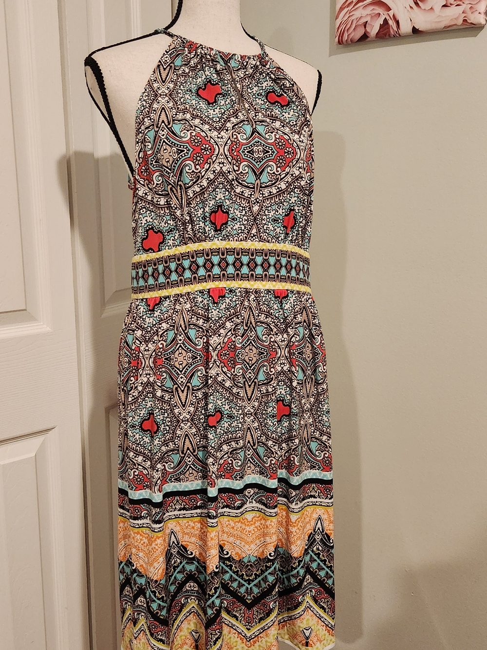 London Times Multicolor Halter Midi Dress in Coral, Turquoise & Yellow